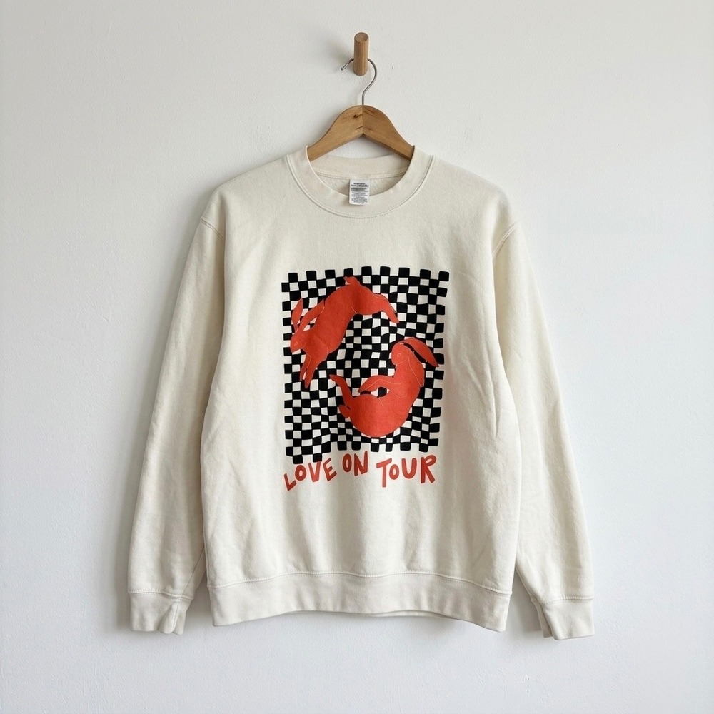 Harry Styles Love On Tour Bunny Checkerboard Crewneck Sweatshirt Cream Large